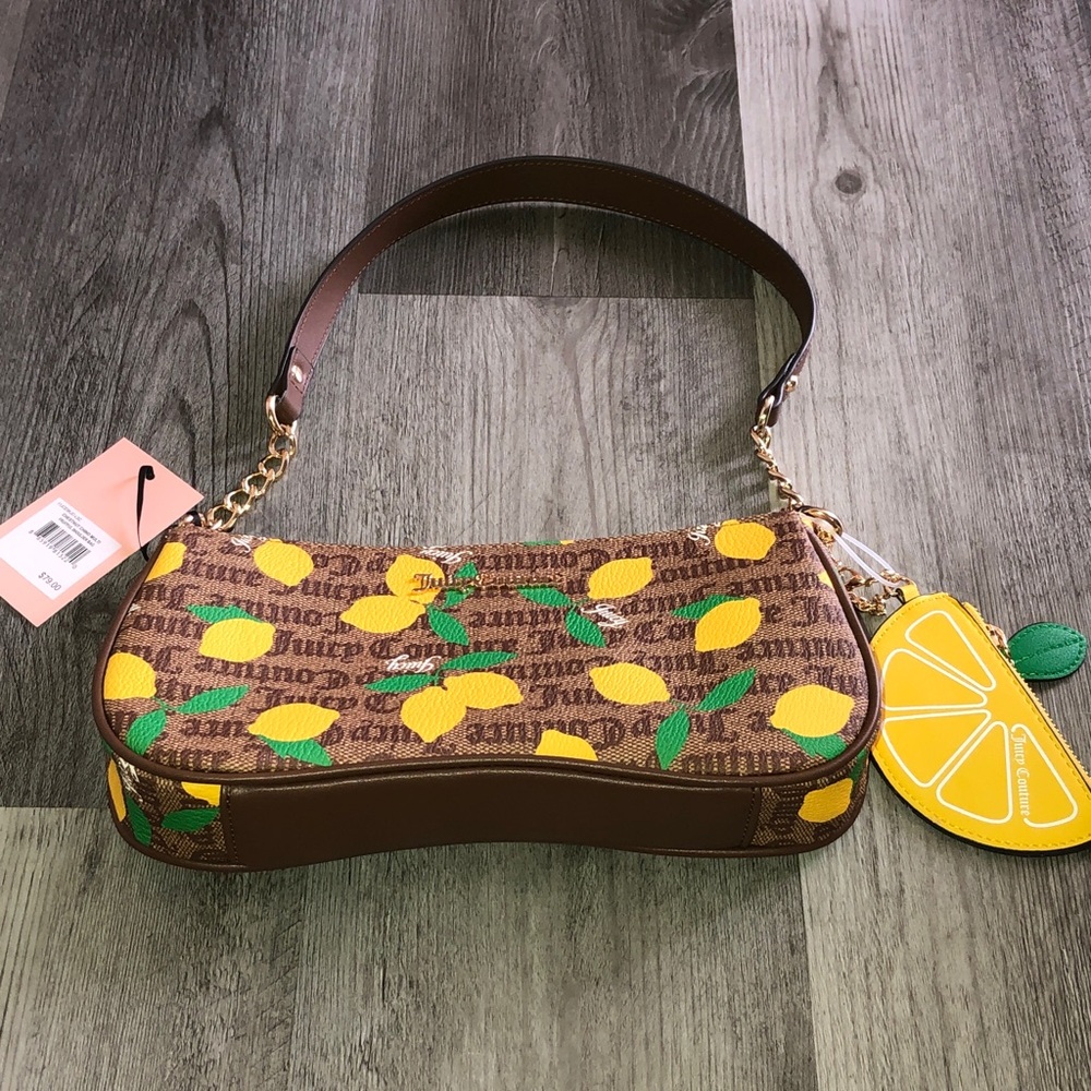 Juicy Couture Chestnut Chino Fruitful Shoulder Bag Lemon Print & Coin Case NWT